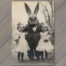 Art Print Creepy Realistic Easter Bunny Holding Twins Disturbing Vintage Style