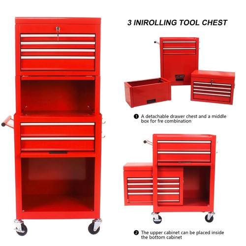 Multi-functional Mechanics Tool Cart, w/ 6 Drawers &lock, Steel Cabinet, Red - Picture 5 of 12