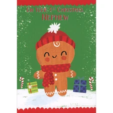 Cute Smiling Gingerbread Child Presents Candy Canes 1st Christmas Card Nephew