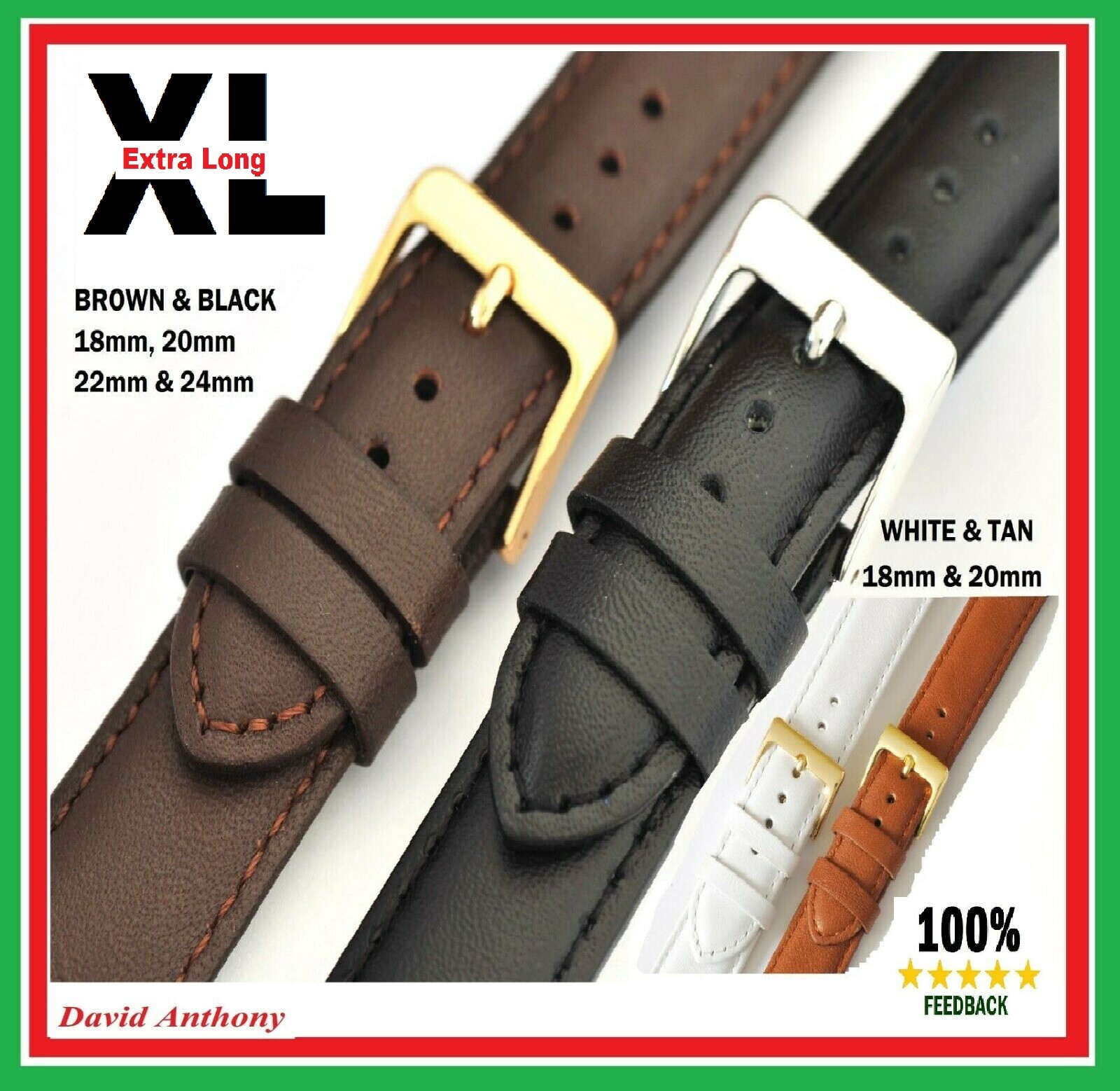 Mans Mens LEATHER WATCH STRAP XL Extra Long 16mm 24mm BLACK BROWN TAN