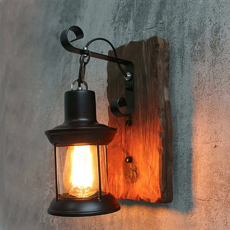 RETRO VINTAGE WANDLEUCHTE HOLZ-WANDLAMPE INDUSTRIELAMPE AUßEN LATERNE LICHT E27 - Bild 4 von 4