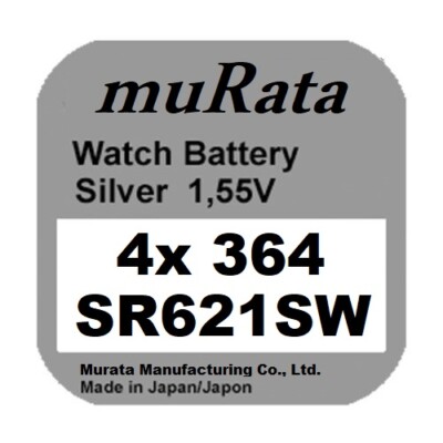 4x Murata/Sony 364 Uhren-Batterie Knopfzelle SR621SW AG1 Silberoxid Blister Neu