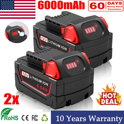 2x 6.0AH Lithium Battery For Milwaukee For M18 18V Extended Capacity 48-11-1860