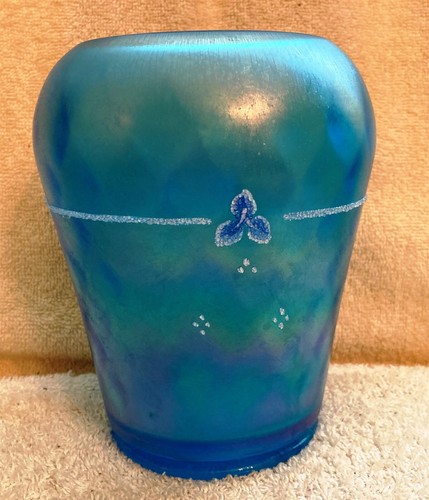 Jarrón vintage Fenton vidrio elástico azul iridizado diamante óptico coraleno 6 1/2" - Imagen 8 de 10