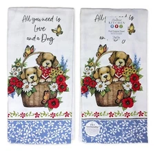 Set of 2 ALL YOU NEED IS LOVE AND A DOG Terry Kitchen Towels by Kay Dee Designs