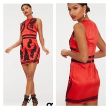 PrettyLittleThing RedSatin Black Crewneck dress size 4 new with tags