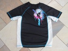 Boys OP Rash Guard Swim Shirt Short Sleeve Black Blue Tropical, Size L, 10/12