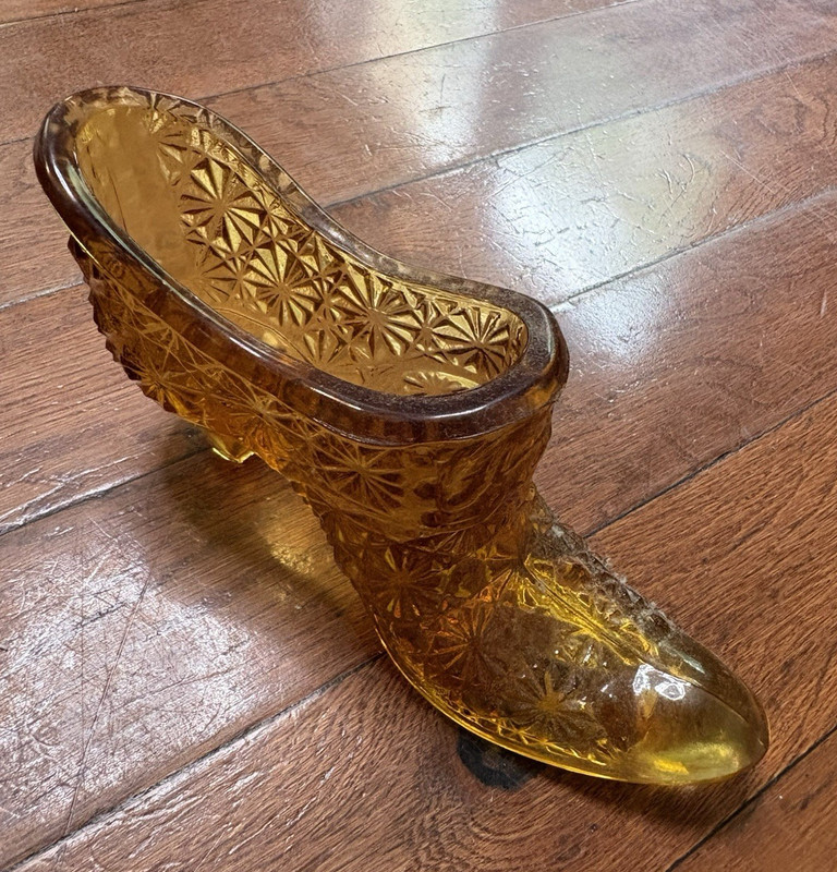Amber Glass Boot Shoe Figurine Starburst Pattern Decorative Style Decor
