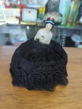 Antique Porcelain German Art Deco Flapper Half Doll Pin Cushion / Ladies Vanity 