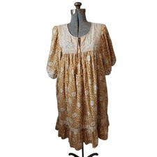 Old Navy XL Puff Sleeve Floral Mixed Print Yellow Mini Swing Dress Cottage Boho