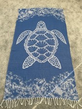 Large Turkish Cotton Beach Towel w/Fringe ~ Blue w/Sea Turtle ~ Cotton Blend