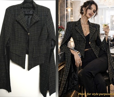 AVANT GARDE Blk TWEED Split Sleeve CROPPED COCKTAIL Blazer Jacket Women's Size S