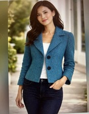 CAbi Teal Wool Blend Cropped Blazer Jacket Size 8 Tailored Fit