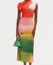 Oscar de la Renta Women's Orange Abstract Watercolor Draped Jersey Dress Size 8