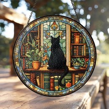 Black Cat Stained Glass Suncatcher, Book Lover  Librarian Window Decor
