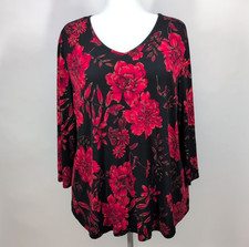 CATO Est. 1946 Womens XL Tunic Black Red Floral Top Blouse Flowy Stretchy