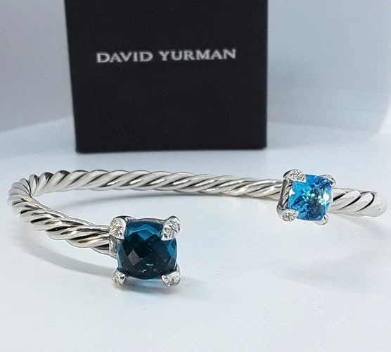 $700 David Yurman 4mm Chatelaine Bypass 925 Plata y Diamantes Topacio Pulsera Foto 2 de 4