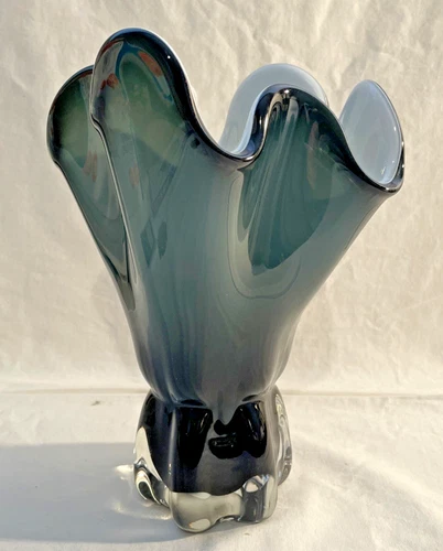 Vintage Hand Blown Fazzoletto Style Murano Vase Art Glass 9” Black and White