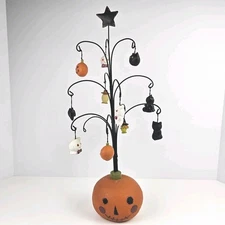 Vtg Halloween Tabletop Tree w/ Mini Ornament 18" Pumpkin Ghost Cat Bat Scarecrow