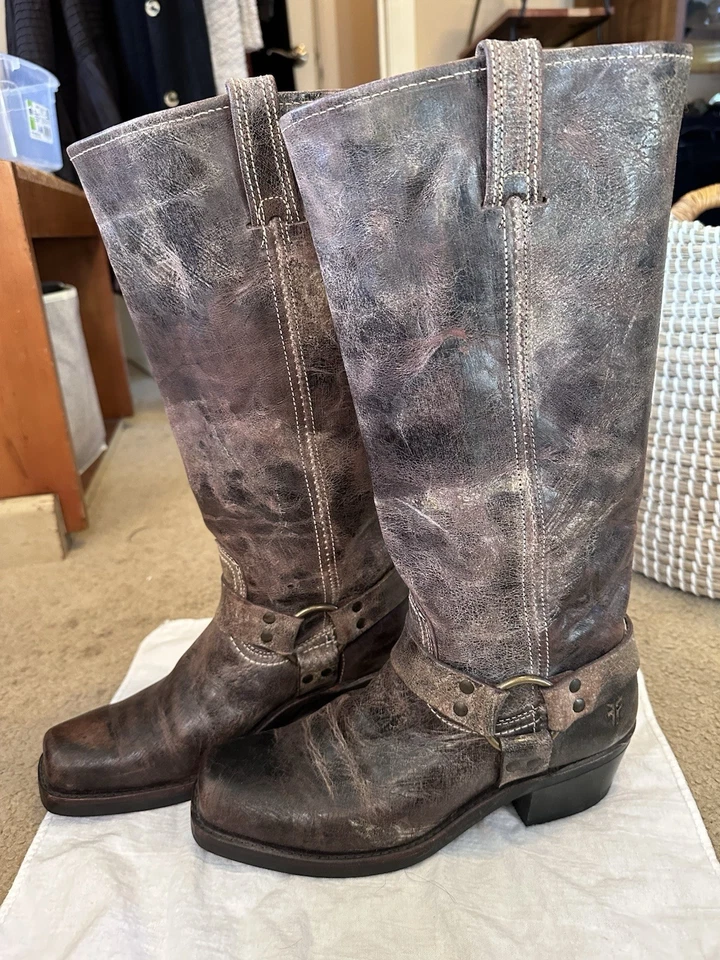 Frye Arnés Moto Botas Altas Mujer 9.5 N Marrón Hasta la Rodilla Puntera Cuadrada Envejecida Foto 4 de 4