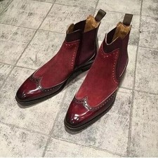 Handmade Men's Burgundy Leather, Suede Wingtip Pull On Gift Party Wear Boots Men