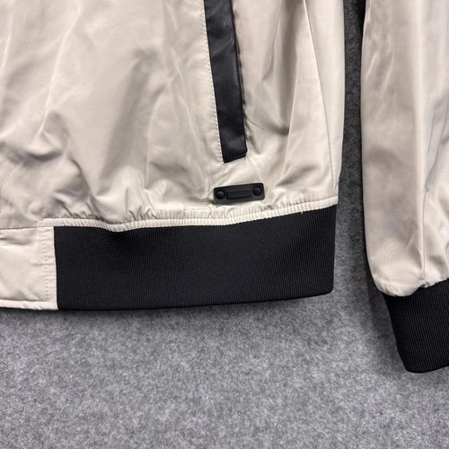 Guess Bomber Jacket XL Beige Black Polyester Faux Leather Trim Full Zip Street image 5