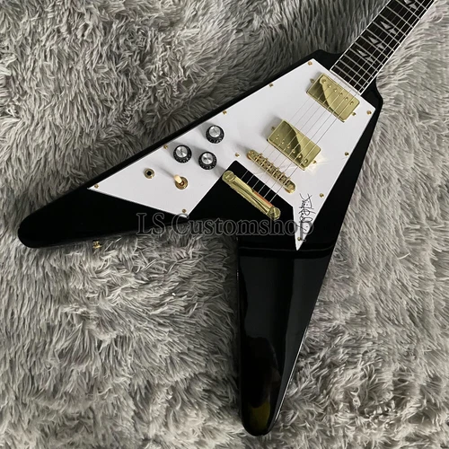 Custom Left-Handed Black Flying V Electric Guitar Solid Body Gold Part HH Pickup
