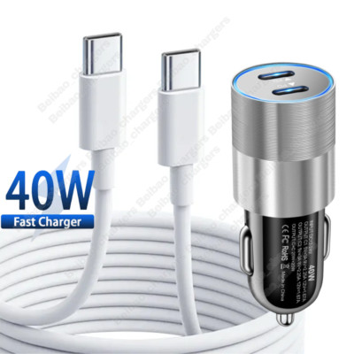 40W Dual Type C Car Charger Adapter USB C To C Cable For iPhone 15 16Pro Samsung