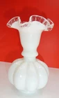 Vintage FENTON Melon Vase Silver Crest Crimped Ruffled Top White Milk Glass 7”