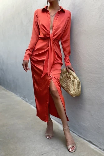Vestido de satén de seda con cuello en V para mujer manga larga coleccionar cintura nudo lazo mini vestidos - Imagen 28 de 40