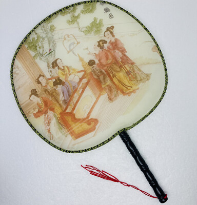 Vintage 1970s Chinese Silk Screen Hand Fan Ladies Enjoying Morning Tea Art 27