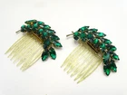 Vtg. Pair Rhinestone Brooch Hair Clip Costume Jewelry Set Green - 01