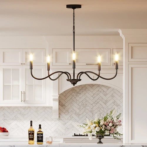 5-Light Black French Country Candle Chandelier, Farmhouse Pendant Light Fixture