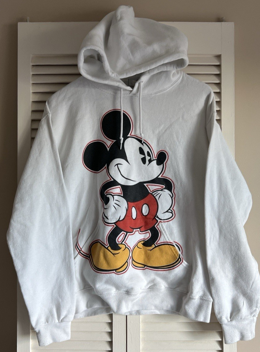 Disney Parks Mickey Mouse Fleece Hoodie Size M Medium White Sweatshirt Pullover