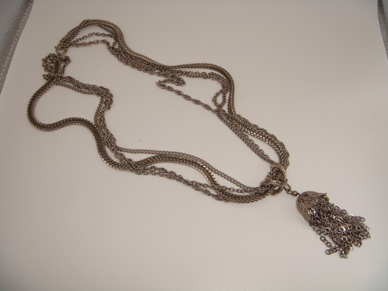 VINTAGE SIGNED KRAMER FOUR STRAND SILVER TONE NECKLACE TASSEL PENDANT ESTATE