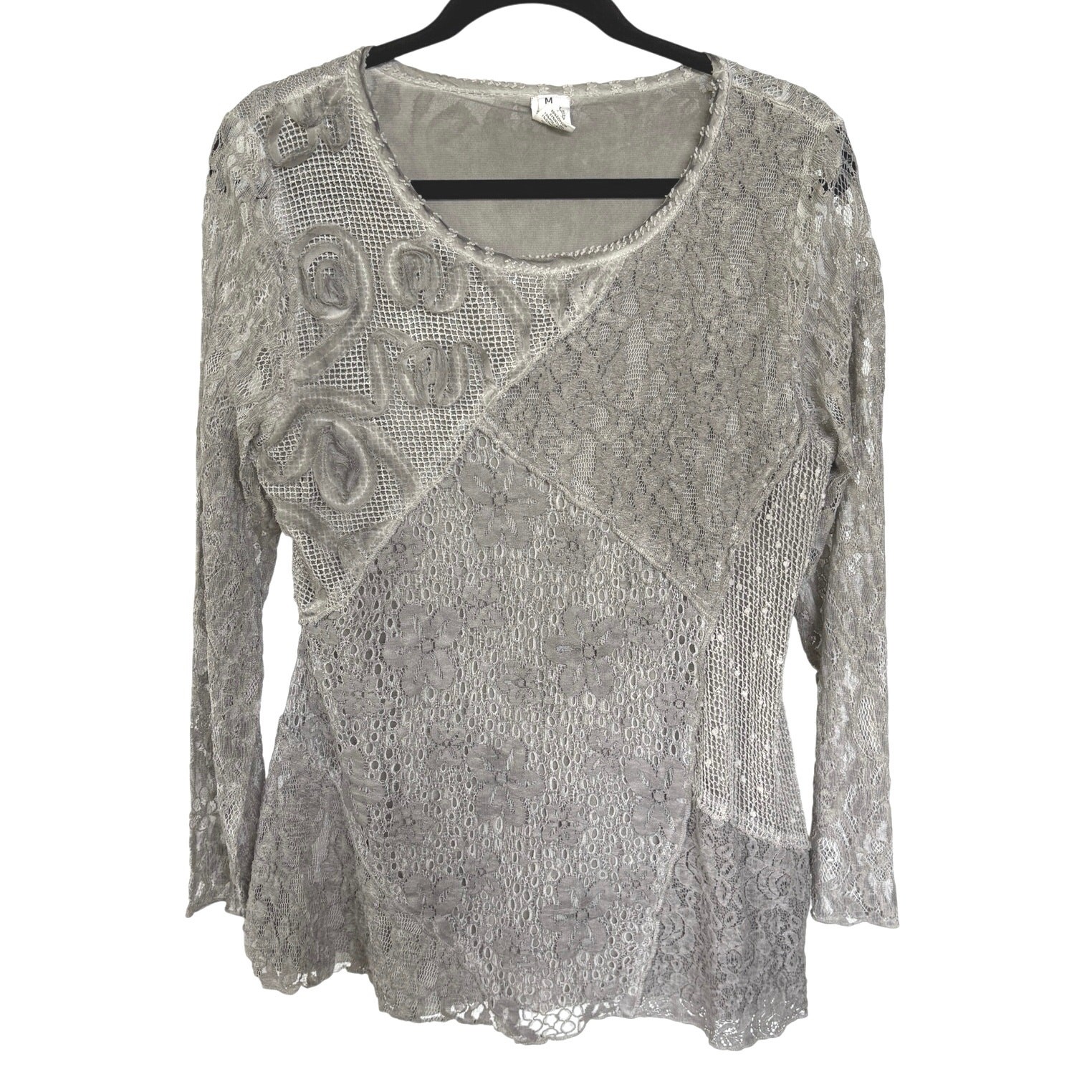 Boho Patchwork Lace Gray Blouse Textured Bohemian… - image 1