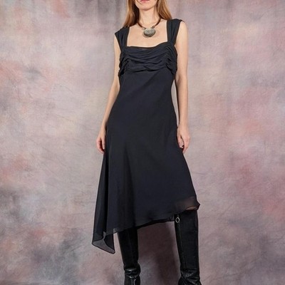 Vintage Y2K Black Silk Asymmetrical Ruched Midi Dress S/ M Whimsigoth Fairy  | eBay