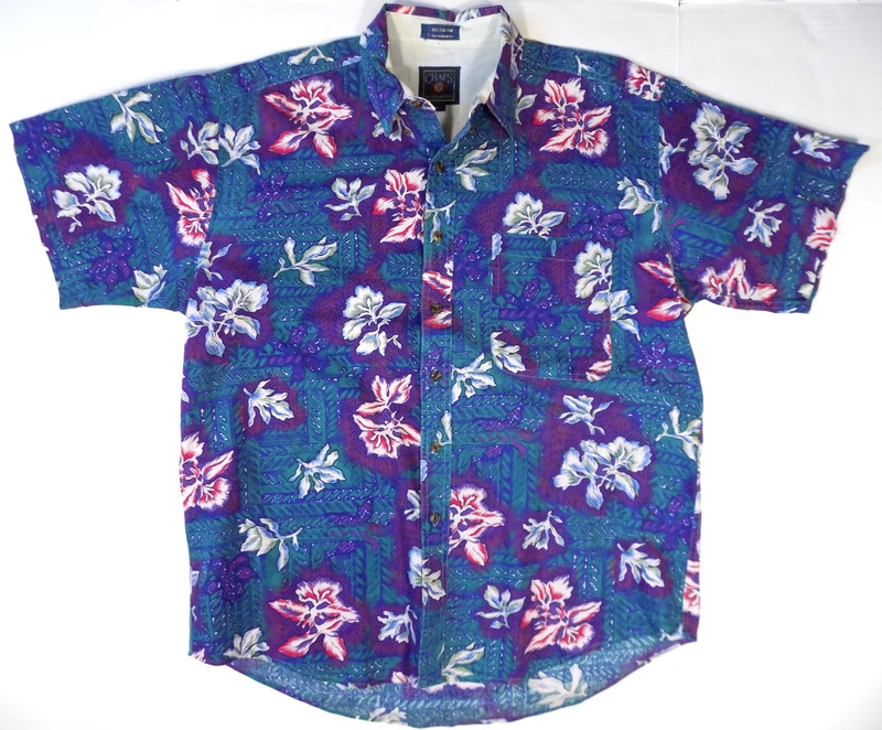Chaps Ralph Lauren Hawaiian Shirt Large Purple Teal Button Down All Over Floral