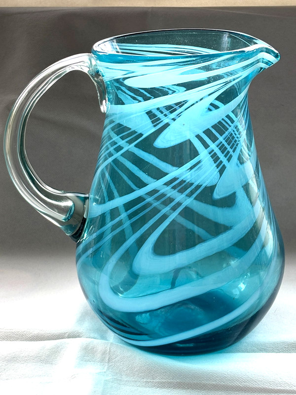 Nice 9 1/2" Hand Blown Blue w/White Swirls Art Glass Pitcher