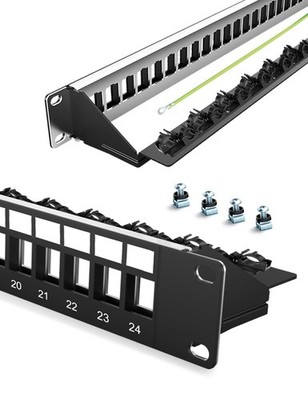 24Port 1U Rackmount Shielded Blank Keystone Network Patch Panel Support Bar