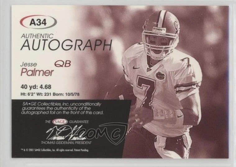 2001 SAGE Auto Red /999 Jesse Palmer #A34 Rookie Auto RC - Image 2 of 2