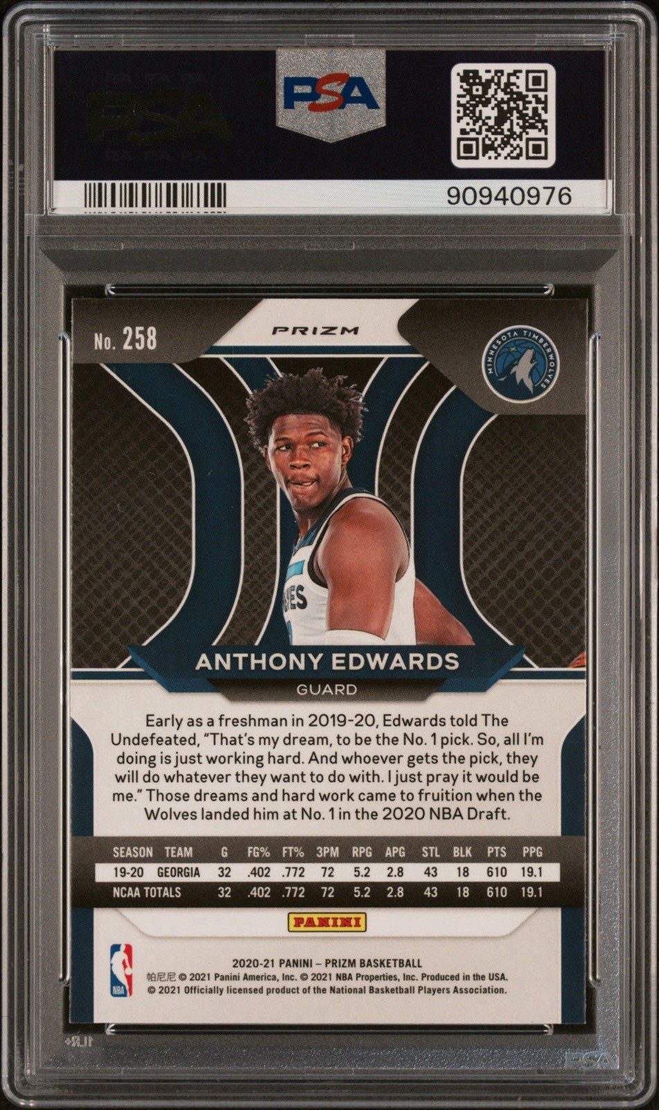 2020-21 Panini Prizm Silver Anthony Edwards RC PSA 9 # 258 Rookie Timberwolves view 2