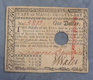 1780 State of Massachusetts Bay $1 Continental Currency Note Redeemed inv# 280