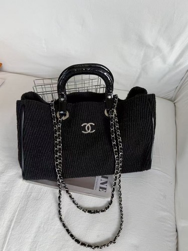 Chanel Deauville Black Corduroy Fabric Chain Tote Bag
