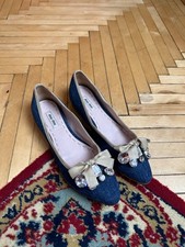 Miu Miu Blue Denim Cutie Ballet Crystal Embellished Bow