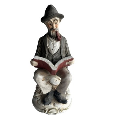 Vintage Ceramic Figurine Old Man Sitting W/Pipe Reading Book Decor Napco? WIW