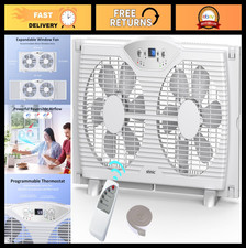 Reversible Twin Window Fan 9-Inch Blades, 3 Speeds, Thermostat, Fits 23.8"-37