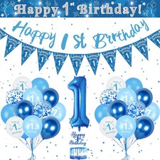 1st Birthday Decorations for Boys, Blue 1st Balloons Happy Birthday Banner fo...