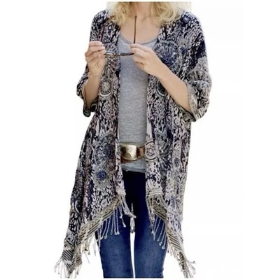 Soft Surroundings Emory Cardigan Kimono Blue Sequin Fringe Boho Size Large / XL