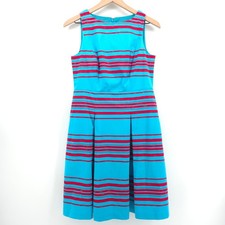 Talbots Womens Fit & Flare Dress 8P Turquoise Red Striped Sleeveless Preppy